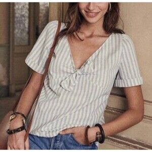 Sezane Massia Nautical Striped Short Sleeve Tie Front Top Women Size US 10 EU 42